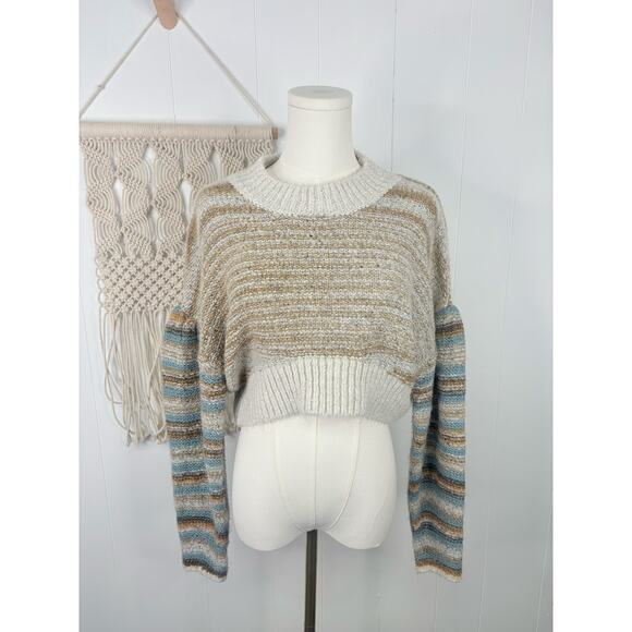 Urban Outfitters Lennon Cropped Crewneck Sweater Medium Stripe Drop Shoulder - Picture 4 of 10